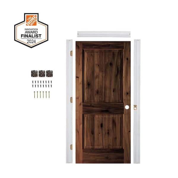 DIY 36 in. x 80 in. Alder Left-Hand Square Top VG Red Mahogany Stain Wood Single Interior Door Kit w/Quick Assemble Jamb