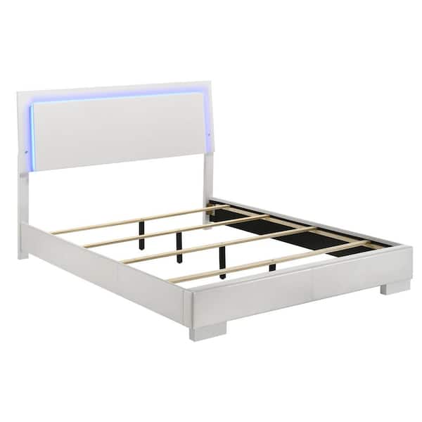 Felicity White High Gloss Wood Frame Queen Panel Bed with LED Lighting