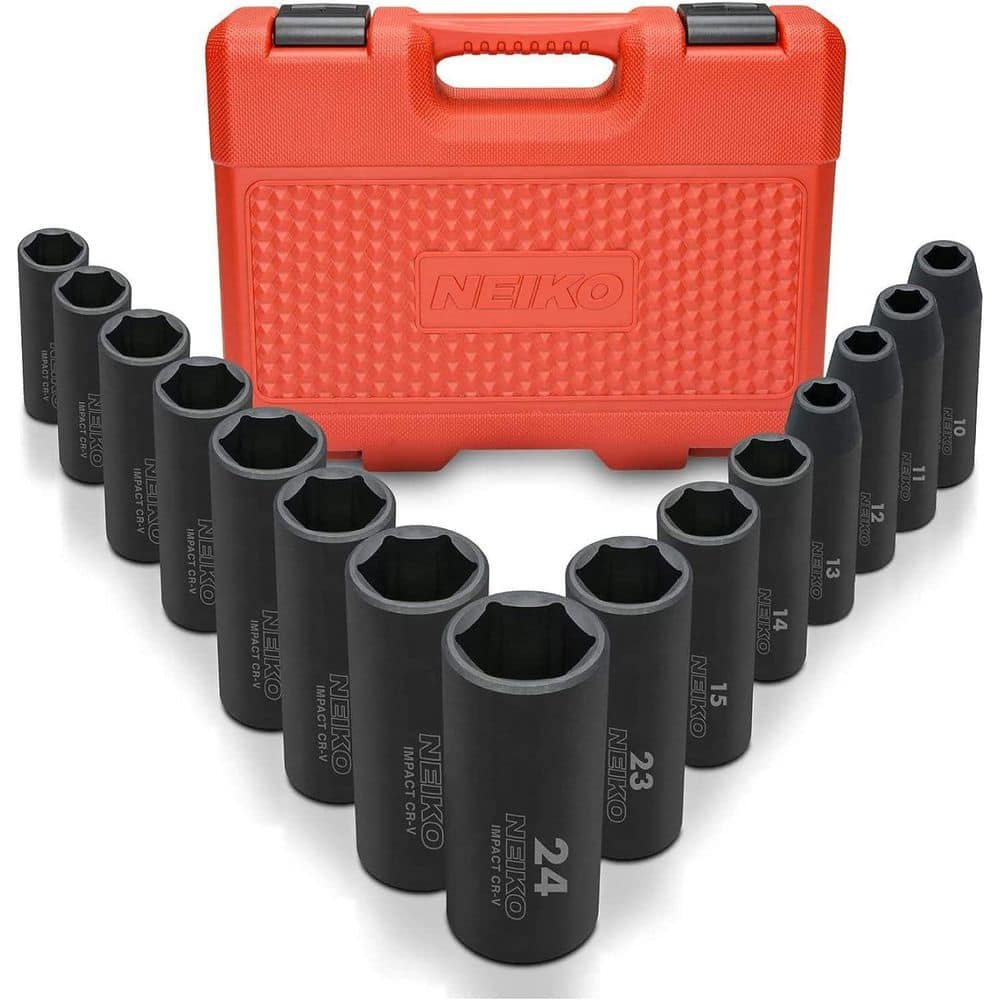 NEIKO 1/2 in. Drive Metric 6-Point Deep Impact Socket Set (15