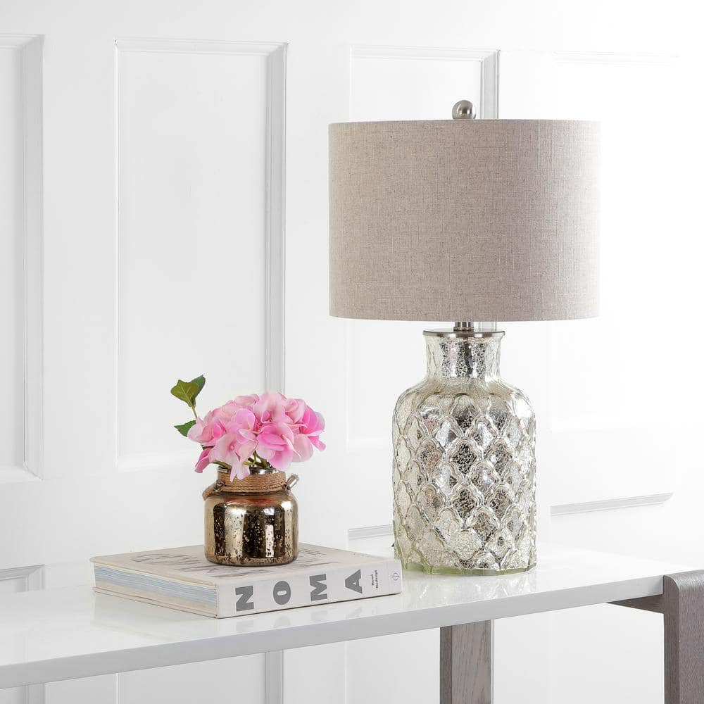 Antiqued Mercury Silver Quatrefoil Glass Table Lamp Set