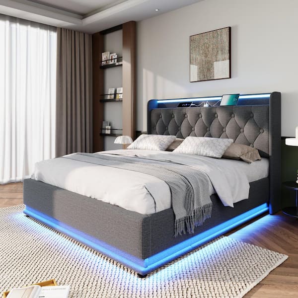 Gray Wood Frame Queen Size Linen Upholstered Platform Bed with 360 Surround LED Function and USB Type-C charging
