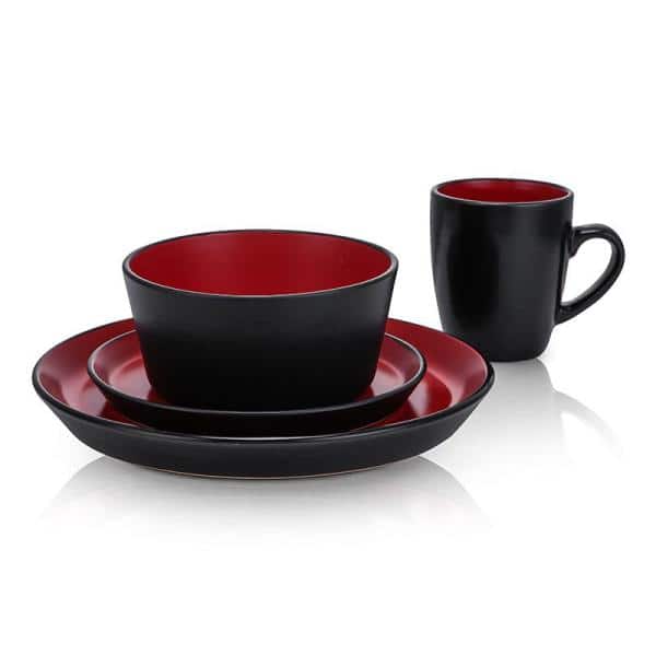 STONE LAIN 32-Piece Casual Red and Black Stoneware Dinnerware Set 