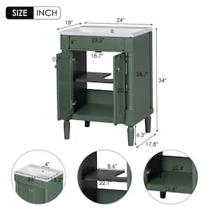 24 in. W x 18 in. D x 34 in. H Single Sink Freestanding Bath Vanity in Green with White Resin Top and Adjustable Shelf