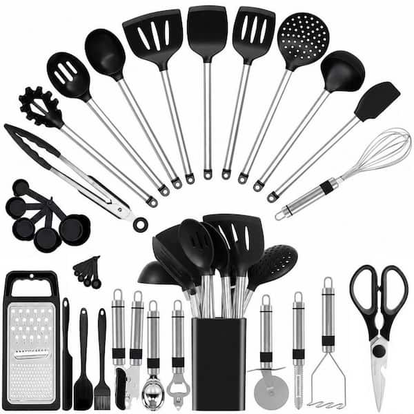 33-Piece Black Silicone Cooking Utensils Set with Stainless Steel Handle for Nonstick Cookware, Food grade