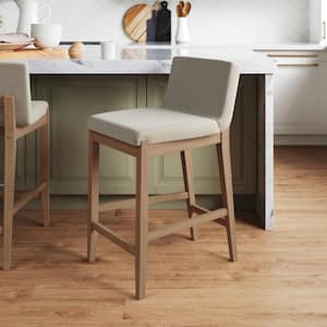 Gracie 24 in. Modern Counter Height Bar Stool with Back, Brushed Light Brown Wood Legs, Natural Flax/Brown