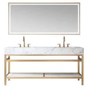 Ecija 72 in. W x 22 in. D x 33.9 in. H Double Sink Bath Vanity in Brushed Gold with White Cultured Marble Top and Mirror