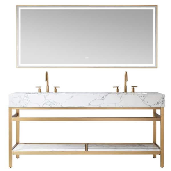 ROSWELL Ecija 72 in. W x 22 in. D x 33.9 in. H Double Sink Bath Vanity in Brushed Gold with White Engineered Stone Composite Top