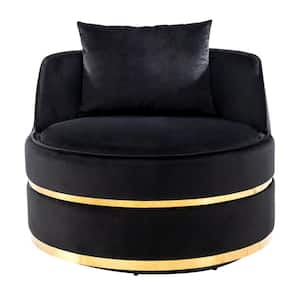 Luxury Black Over-sized Velvet Upholstered Barrel Swivel Chair Set of 1 with 1 Pillow