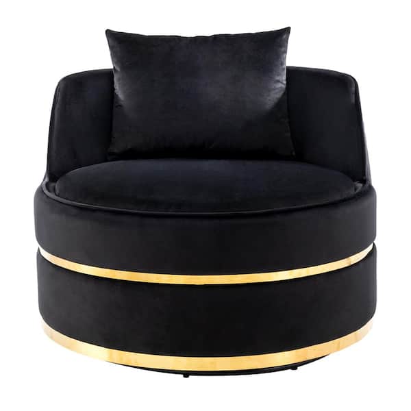 anpport Luxury Black Over-sized Velvet Upholstered Barrel Swivel Chair Set of 1 with 1 Pillow