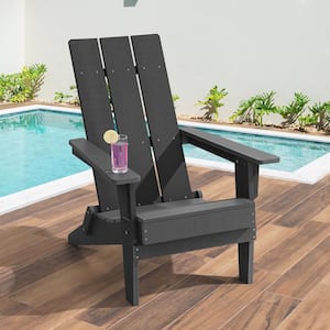 HIPS Foldable Adirondack Chair, Weather Resistant Wood-Grain Finish Chair With Wide Backrest Black