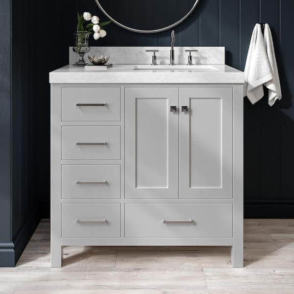 Cambridge 36 in. Single Sink Freestanding Bathroom Vanity in Gray with Carrara White Marble Top