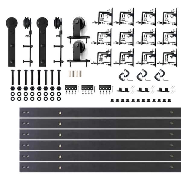 HOMACER 16 ft./192 in. Black Rustic Triple Track Bypass Sliding Barn Door Track and Hardware Kit for Triple Doors