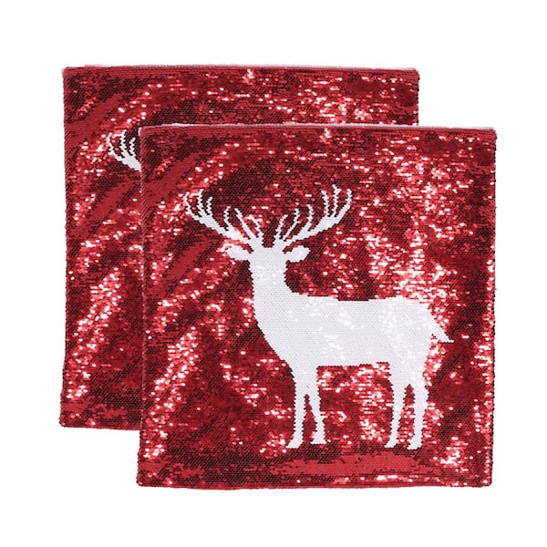20” Red & White Handloomed Christmas Throw Pillow with Reindeer