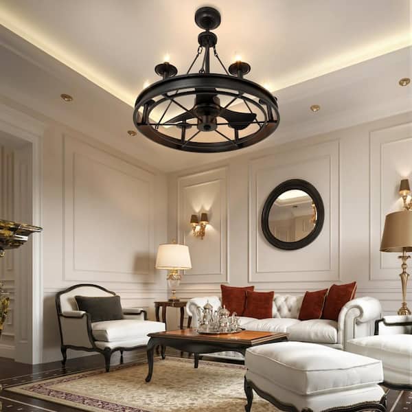 30 in. Indoor Farmhouse Black Ceiling Fan with Lights, 6 Lights Chandelier with Remote control for Living room