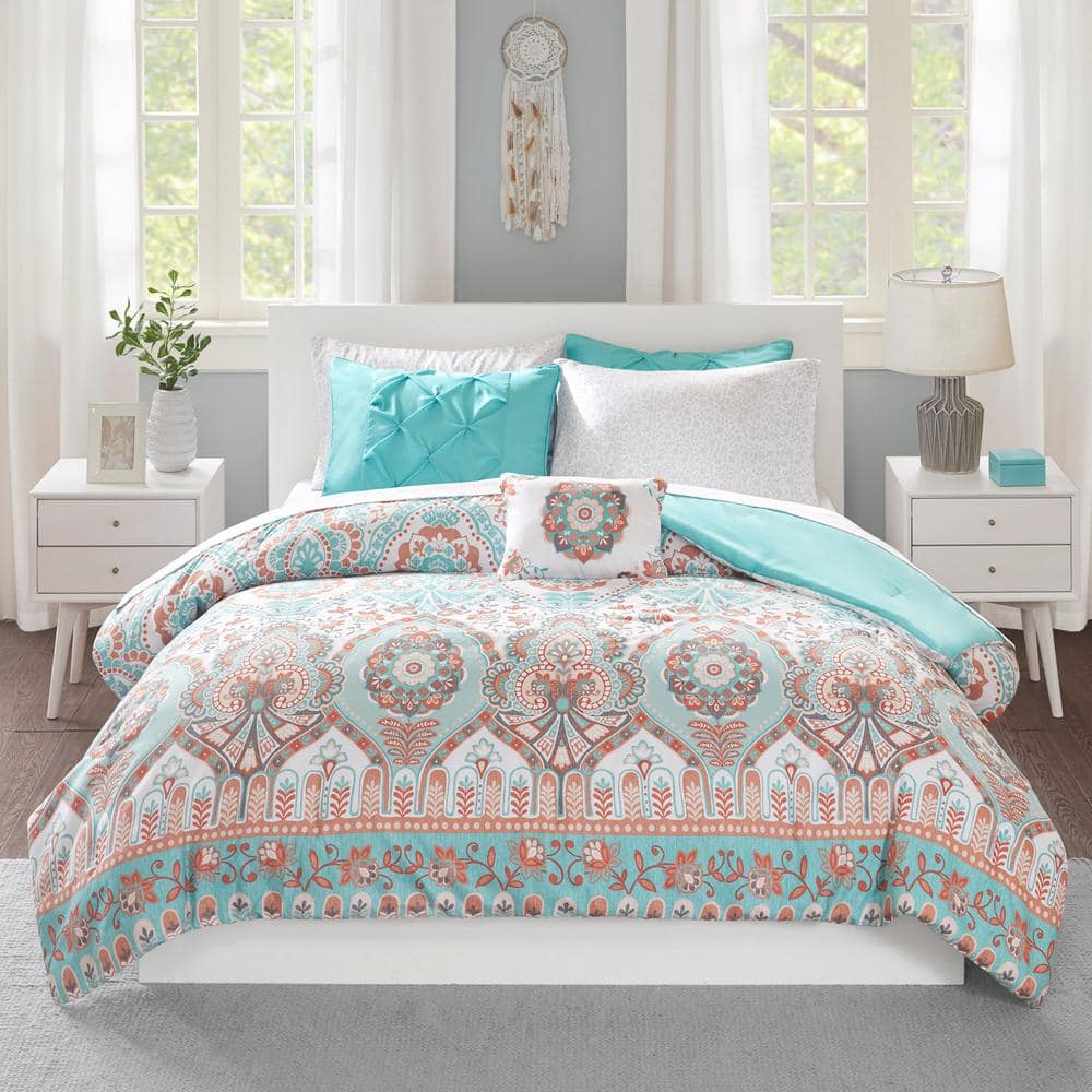 Twin Aqua and Orange Microfiber Boho Bed in a Bag Set