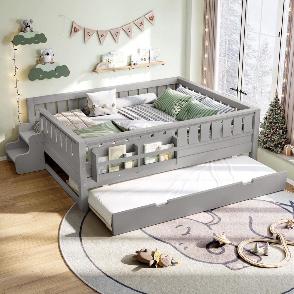 Gray Full Size Kids Bed with Built-in Bookshelves and Small Staircase price history on PriceWatchPro