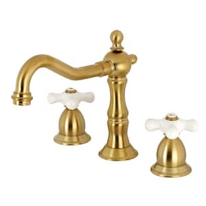 Victorian Polished Cross 8 in. Widespread 2-Handle Bathroom Faucet in Brushed Brass