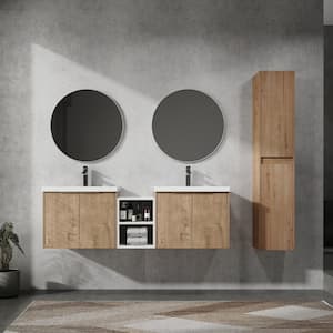 59.2 in. Double Sink Floating Imitative Oak Bath Vanity with White Resin Top, Open Shelf, 2 Side Cabinets Unassembled