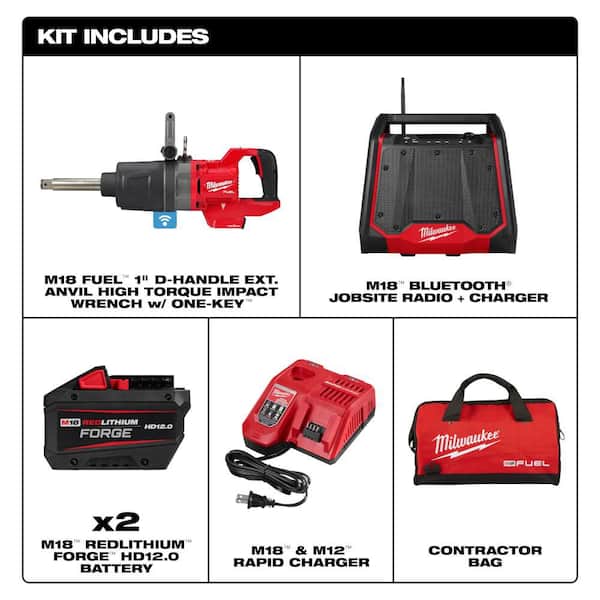 M18 FUEL 18V Lith-Ion Brushless Cordless 1 in. Impact Wrench Extended Reach D-Handle Kit w/Two Batteries & Speaker