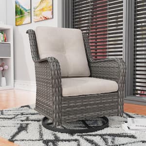 Wicker Outdoor Rocking Chair Patio Swivel with Beige Cushions