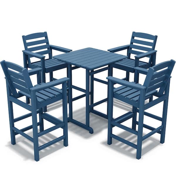 5-Piece HDPE Outdoor Patio Bar Set, Oversize Tall Adirondack Bar Chair and Table Set, Navy Blue