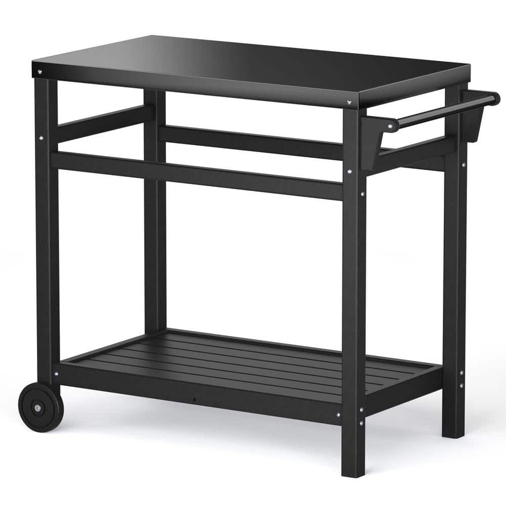 Cesicia 38.98 in. W Black Outdoor Prep Dining Table Stainless Steel Patio Bar Cart, Patio Grilling Backyard BBQ Grill Cart