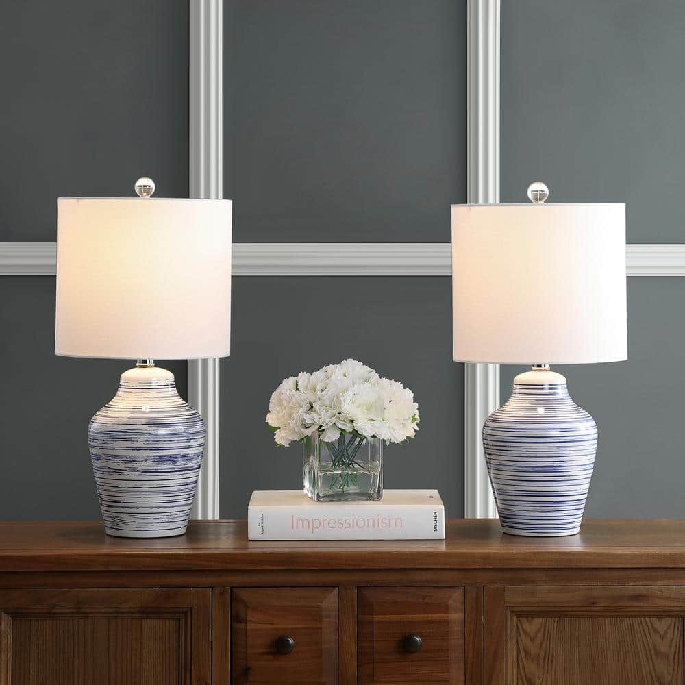 Maxton White and Blue Ceramic Table Lamp Set with Cotton Shade