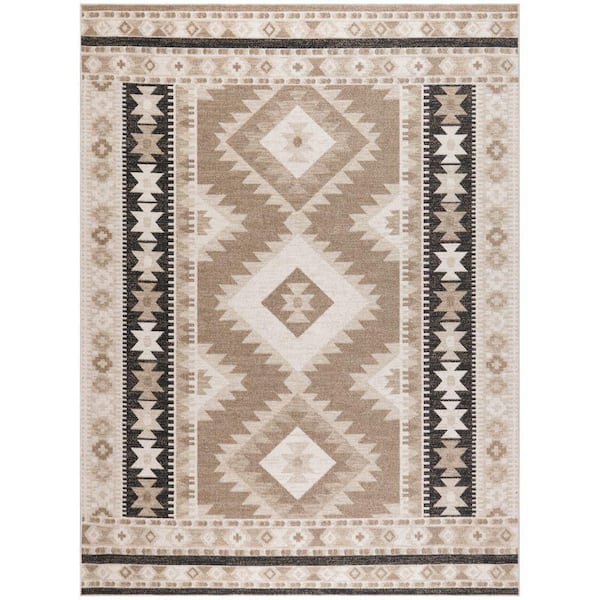 Nourison Washable Decor Beige Black 8 ft. x 10 ft. Center medallion Contemporary Area Rug