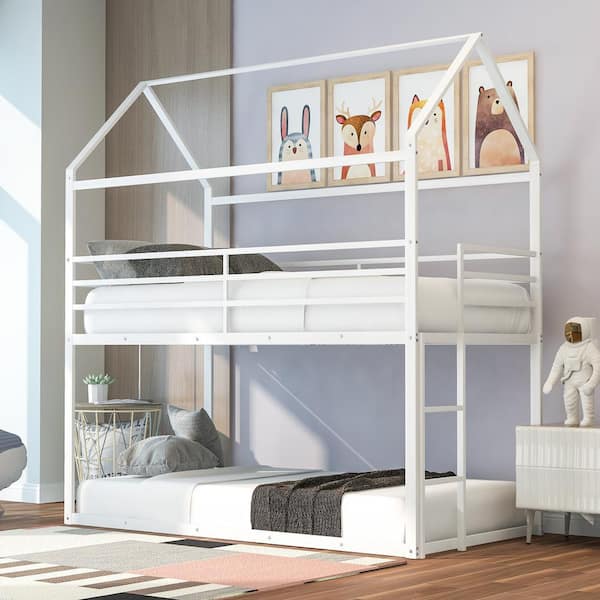 Harper & Bright Designs White Twin over Twin Metal House Bunk Bed with Built-in Ladder