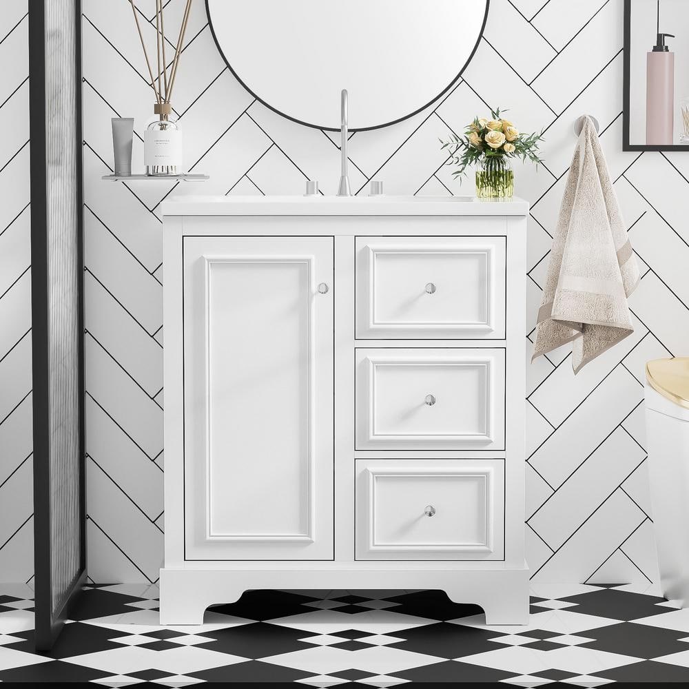 29.96 in. Single Sink Freestanding White Bath Vanity with White Ceramic Top