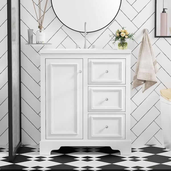 29.96 in. Single Sink Freestanding White Bath Vanity with White Ceramic Top and 3-Drawers Storage Cabinet Unassembled
