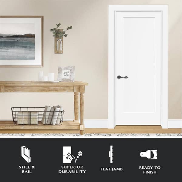 32 in. x 80 in. 1-Panel Primed White Shaker Solid Core Wood Single Prehung Interior Door Right Hand with Nickel Hinges