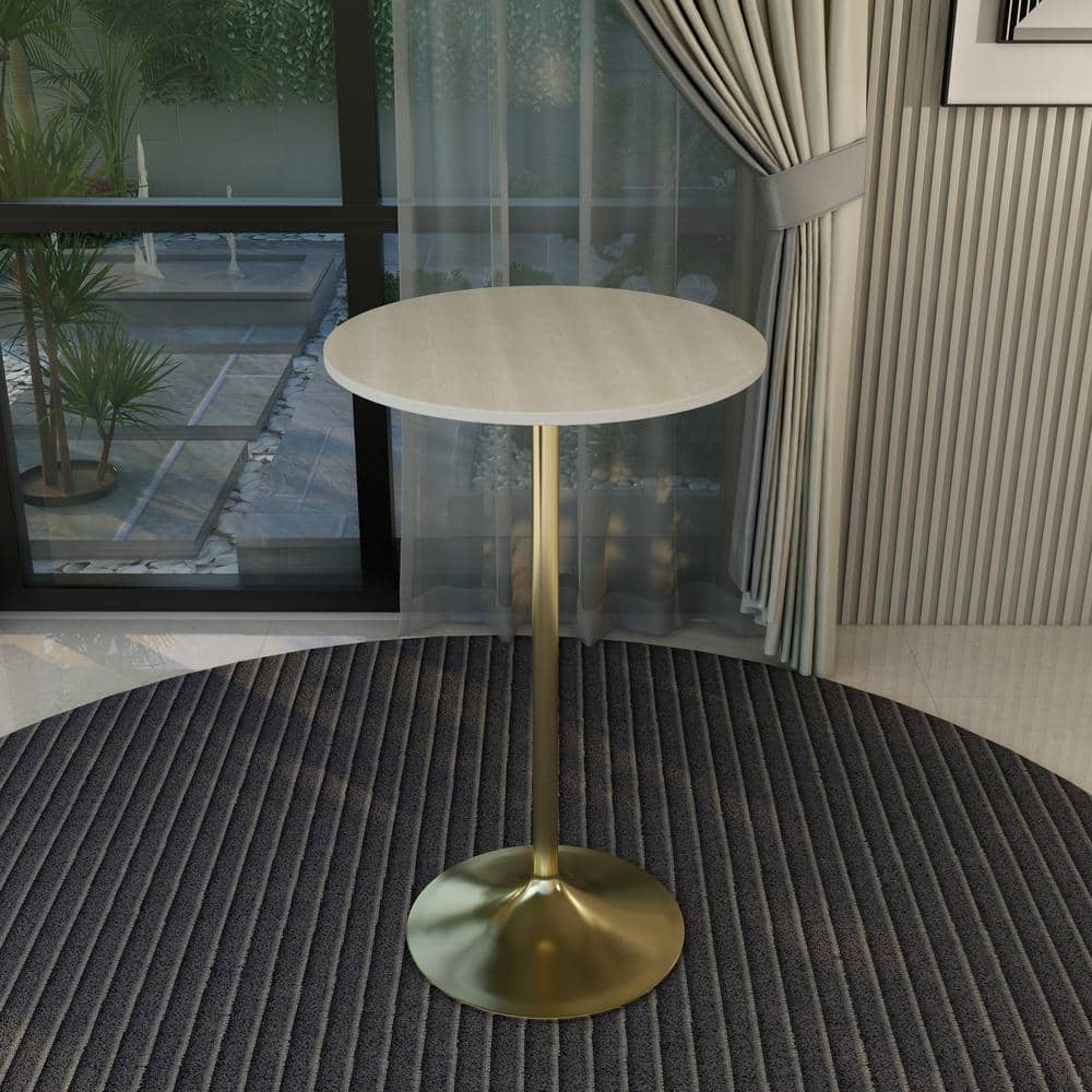 Light Natural Wood Round Bar Height Table with Gold Pedestal Base