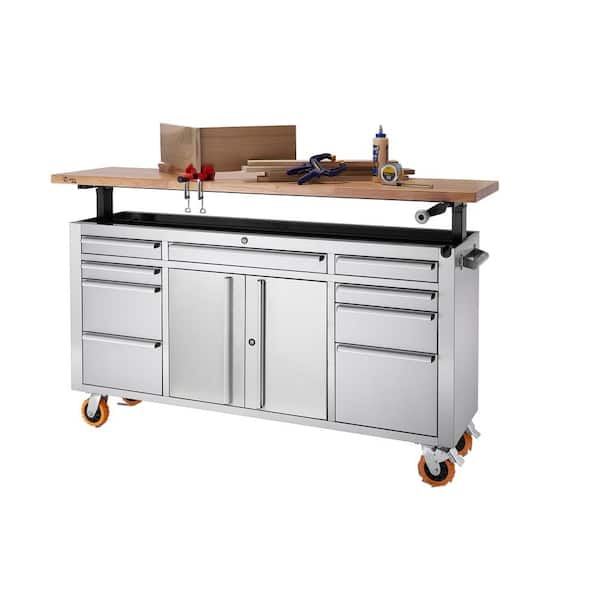 TRINITY PRO 72 in. 9-Drawer Stainless Steel Workbench with Adjustable Top