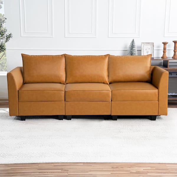 MAYKOOSH 87.01 in. Contemporary 1-Piece Caramel Air Leather Living Room Sofa 3-Seater Sofa Couch with Storage RV Sofa Couch