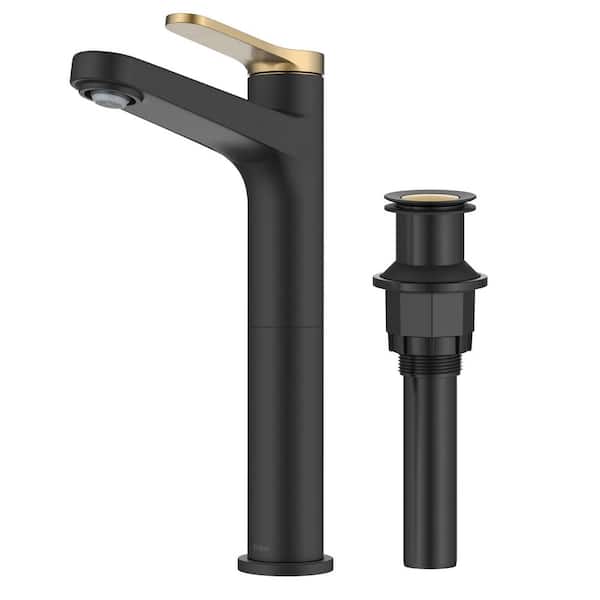 Indy Single Handle Vessel Sink Faucet in Spot-Free Brushed Brass / Matte Black with Pop Up Drain and Supply Lines