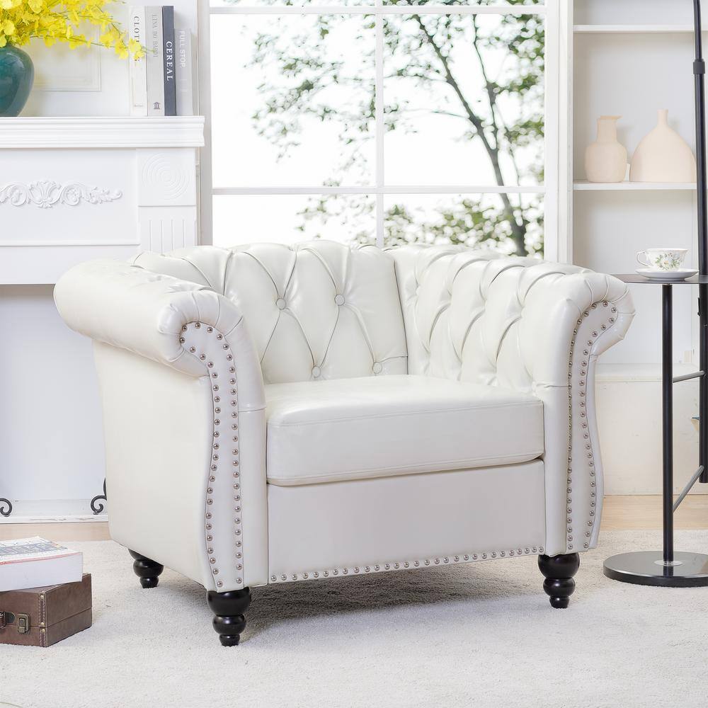 38.98 in. Rolled Arm Faux Leather Rectangle Nailhead Trim Button Tufted 1 Seat Sofa Accent Chair in. White -  Harper & Bright Designs, GCSF94826