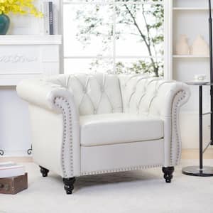 38.98 in. Rolled Arm Faux Leather Rectangle Nailhead Trim Button Tufted 1 Seat Sofa Accent Chair in. White