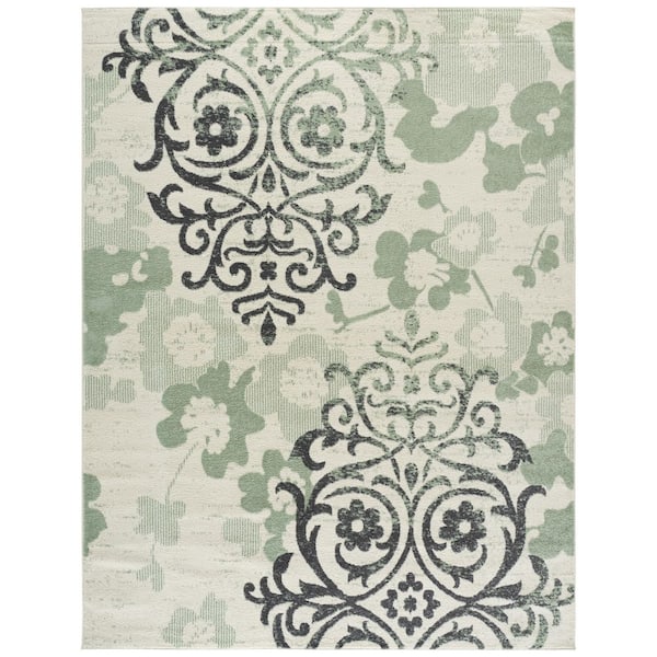 Adirondack 8 ft. x 10 ft. Ivory/Green Floral Damask Area Rug