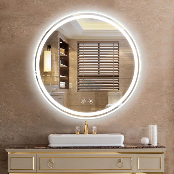 ANGELES HOME 24 in. W x 24 in. H Round Aluminum Frameless Wall Bathroom Vanity Mirror w/ Light, Tempered Glass