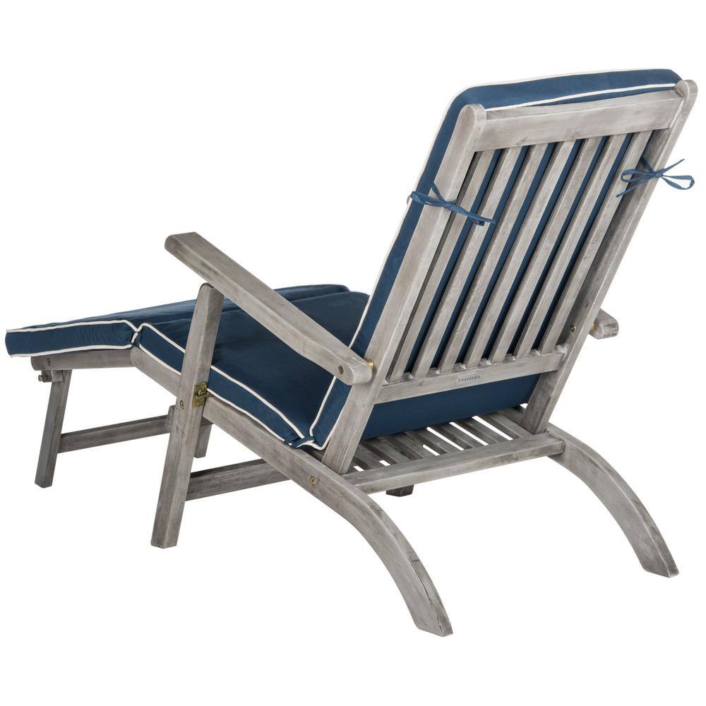 Elegant Oceanliner Inspired Acacia Wood Lounge Chair with Navy Cushion