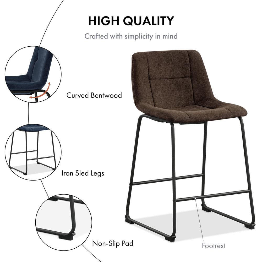 Light Grey Chenille Upholstered Counter Height Bar Stools with Metal Frame, Set of 2