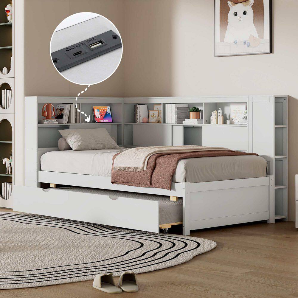 White Twin Daybed with Storage Shelves, USB and Trundle