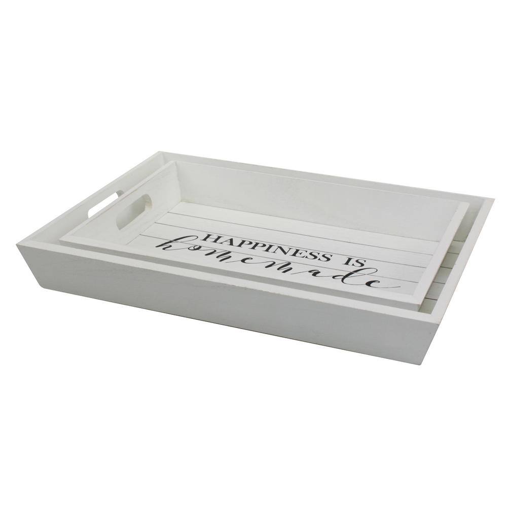 Distressed Off-White Wooden Decorative Tray Set with Handles