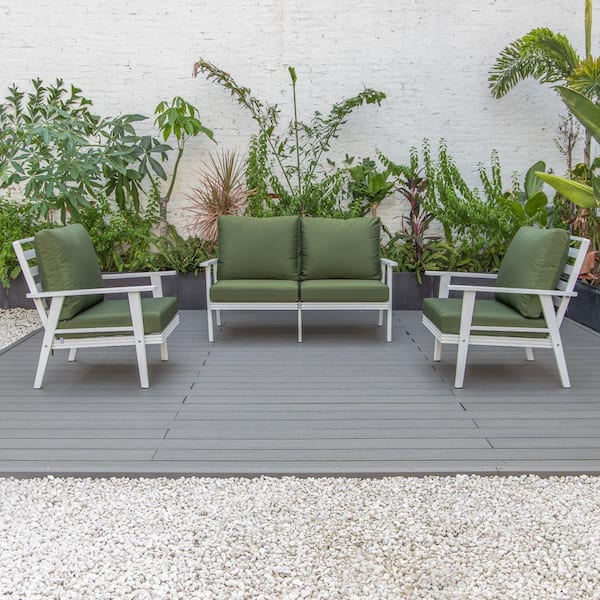 Leisuremod Walbrooke White 3-Piece Aluminum Outdoor Sectional Set with Removable Cushions Loveseat and Set of 2 Armchair, Green