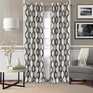 Renzo Black Geometric Ikat Poly-Linen 52(in)X84(in) Grommet Top Room Darkening Curtain Panel