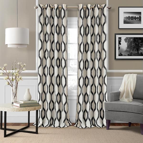 Elrene Renzo Black Geometric Ikat Poly-Linen 52(in)X95(in) Grommet Top Room Darkening Curtain Panel