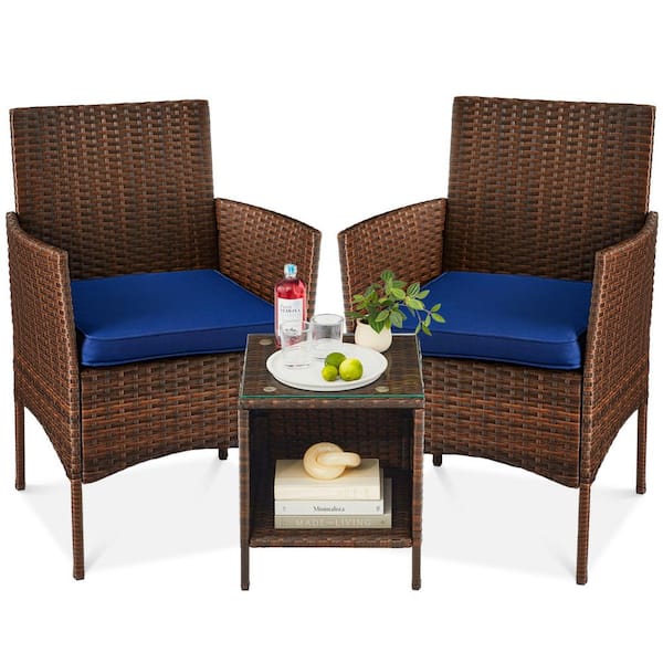 Unbranded Brown 3-Piece Wicker Outdoor Bistro Set with Navy Cushion