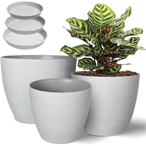 ITOPFOX Modern 9 in. L x 9 in. W x 8 in. H Speckled Grey Plastic Round Indoor Planter (3-Pack)