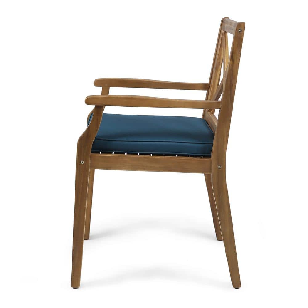 Scandinavian Teak Brown Wood Dining Chair with Blue Cushions, Set of 2